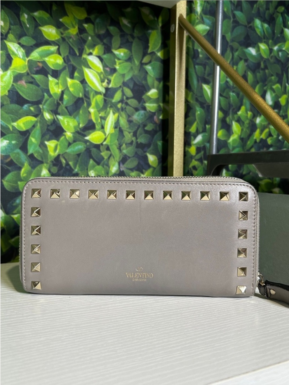 Valentino Garavani Rockstud Zip Wallet - Taupe Gray with Gold Studs